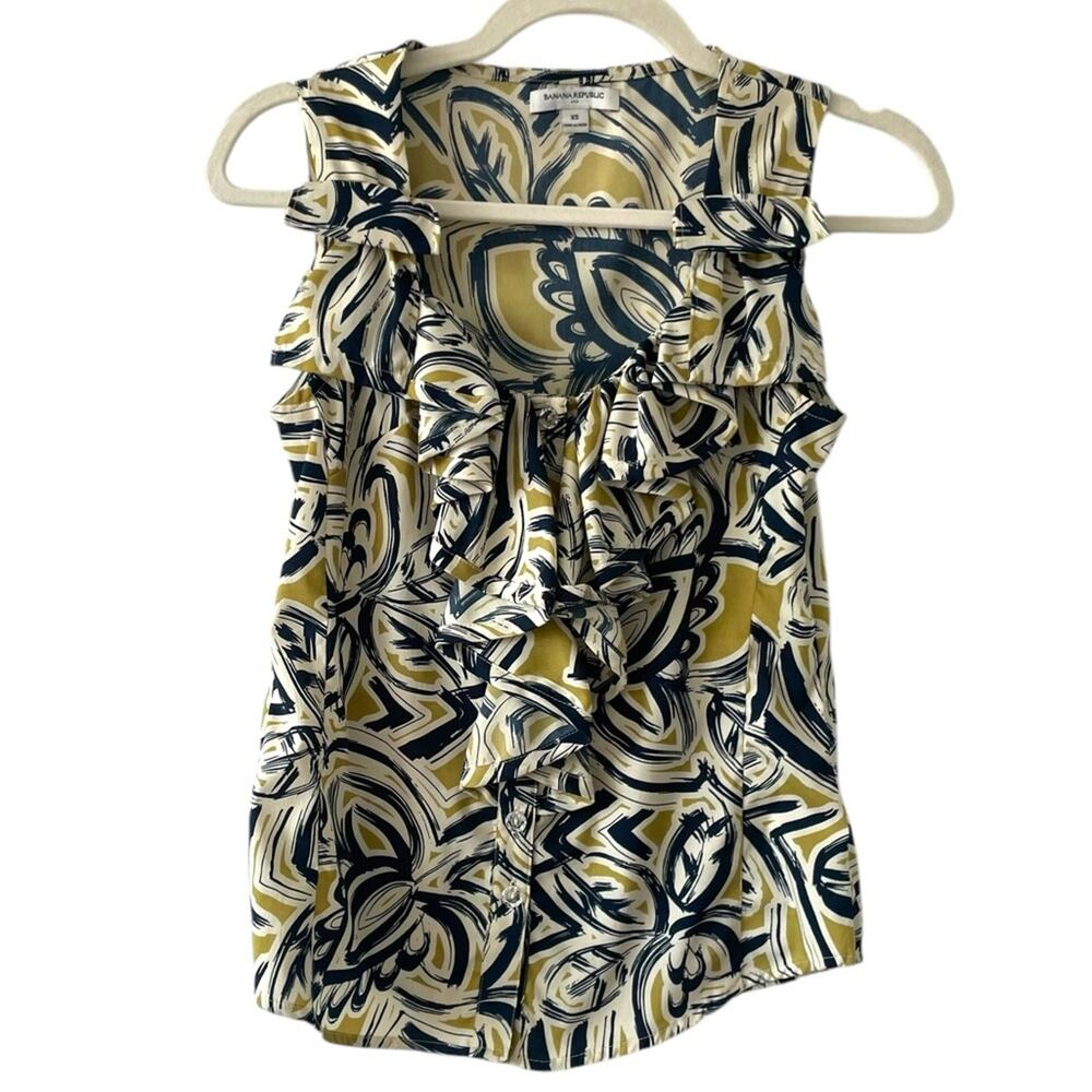 Banana Republic Ruffle Front Button Sleeveless Blouse | Yellow & Blue Print | XS